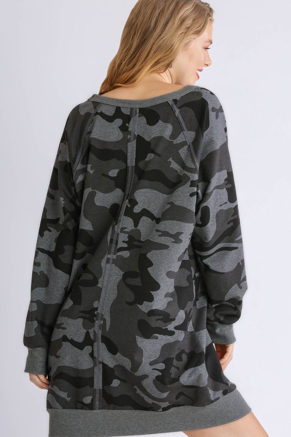 Umgee Camo Print Ribbed Hem French Terry Mini Dress
