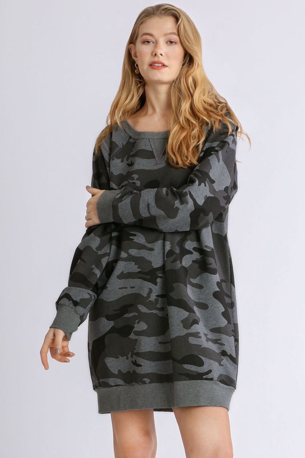 Umgee Camo Print Ribbed Hem French Terry Mini Dress