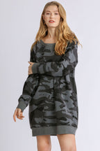 Umgee Camo Print Ribbed Hem French Terry Mini Dress