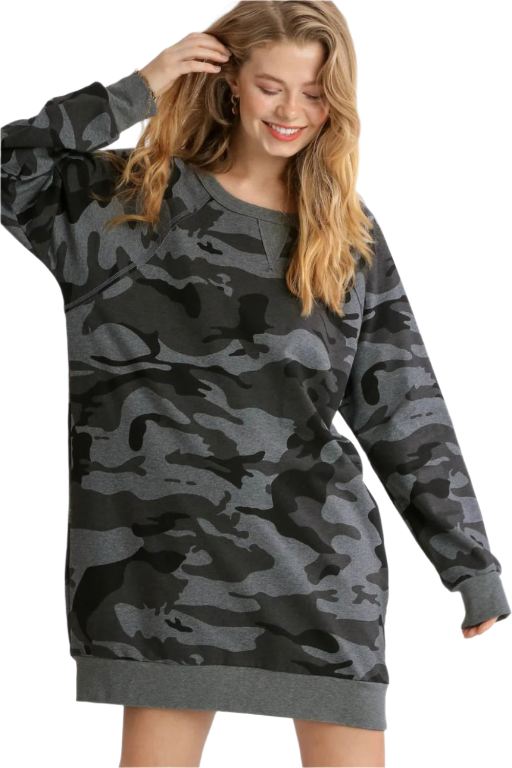 Umgee Camo Print Ribbed Hem French Terry Mini Dress