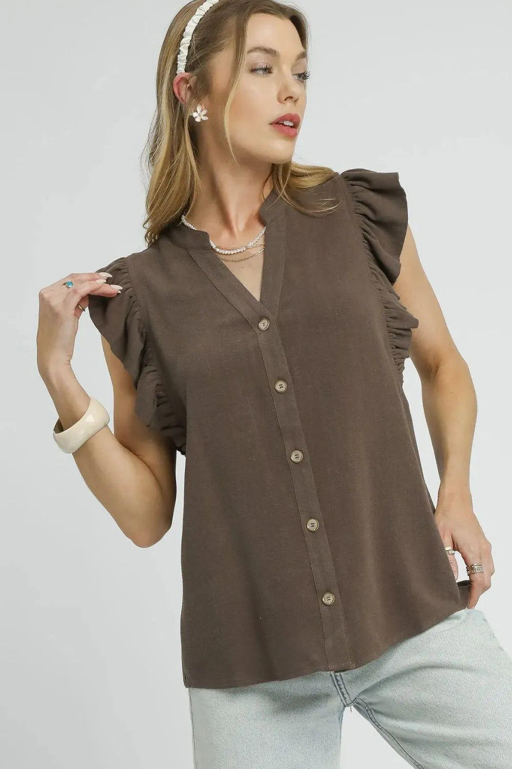 Umgee Coffee Brown Ruffle Sleeve Button Down Top