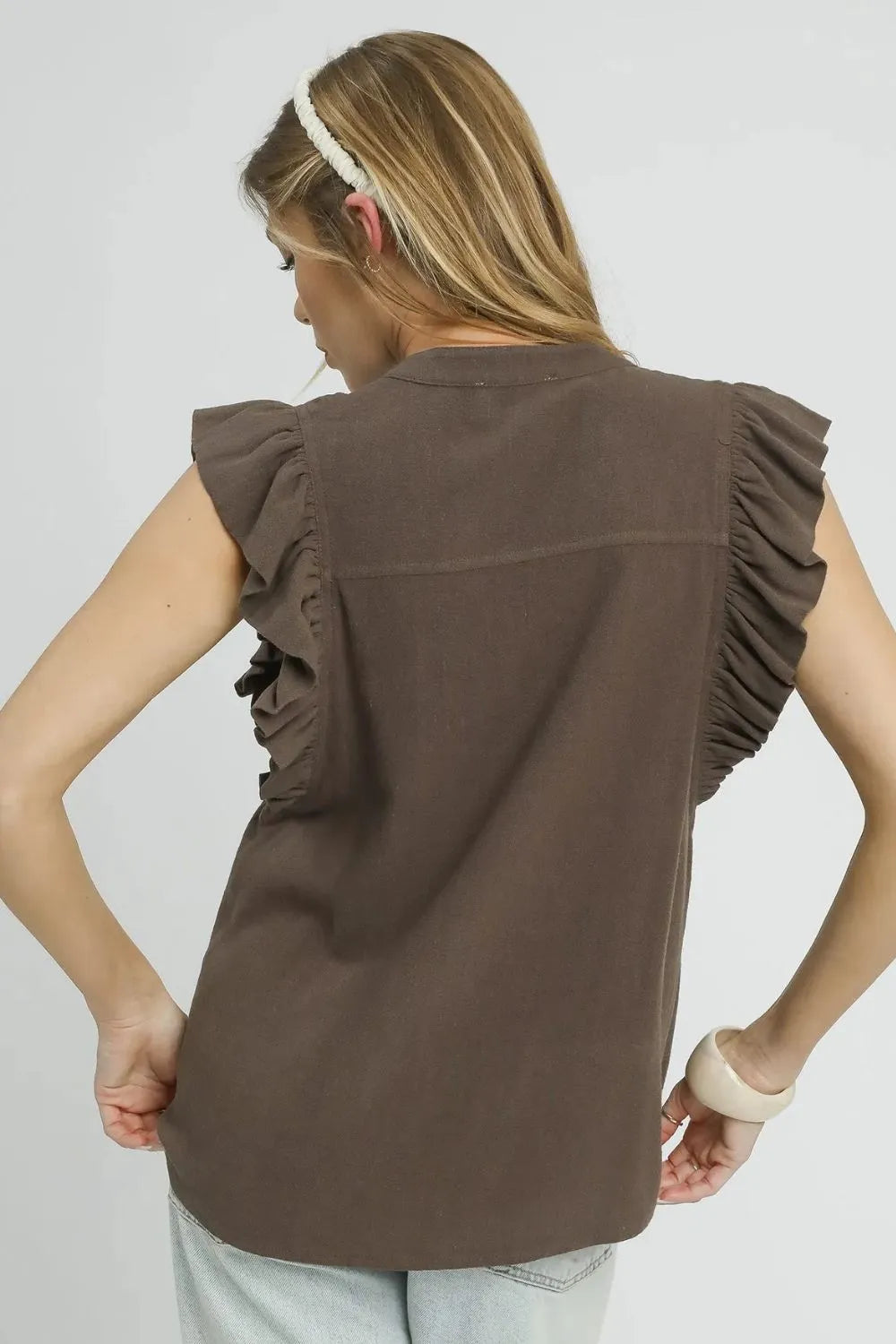 Umgee Coffee Brown Ruffle Sleeve Button Down Top