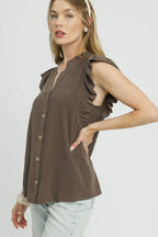 Umgee Coffee Brown Ruffle Sleeve Button Down Top