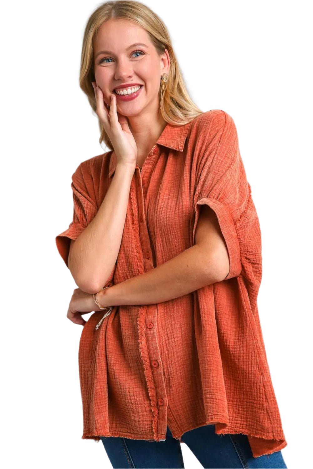 Umgee Cotton Gauze Mineral Wash Button Down Shirt