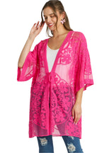 Umgee Floral Lace Open Front Kimono Sleeve Cover Up with Waist Tie