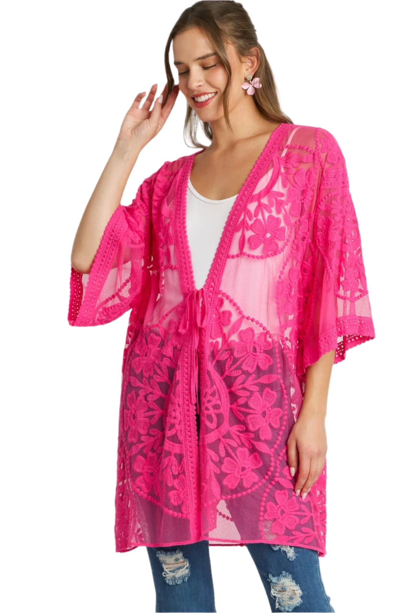 Umgee Floral Lace Open Front Kimono Sleeve Cover Up with Waist Tie