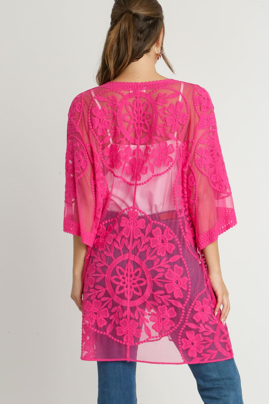 Umgee Floral Lace Open Front Kimono Sleeve Cover Up with Waist Tie