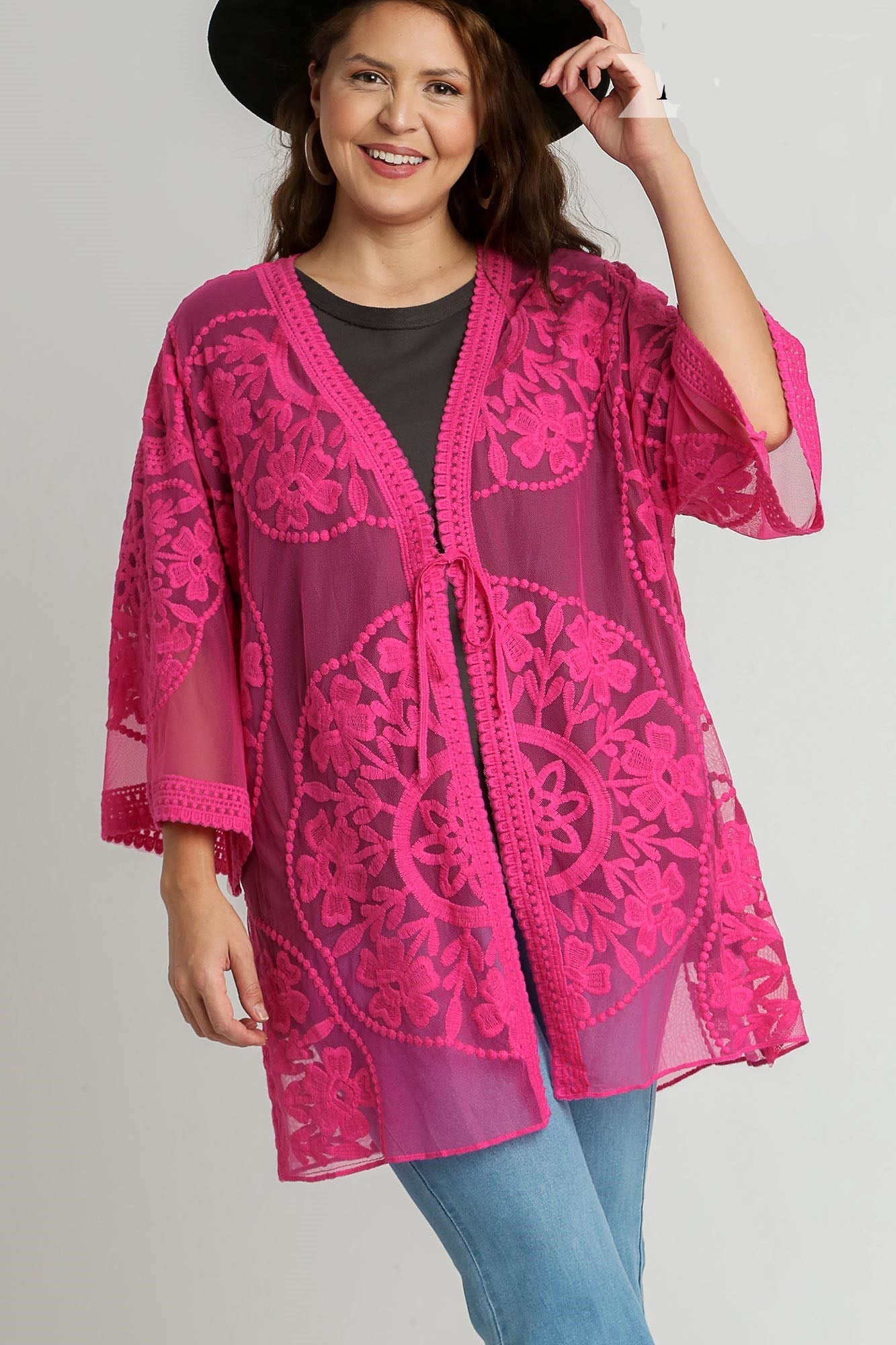 Umgee Floral Lace Open Front Kimono Sleeve Cover Up with Waist Tie