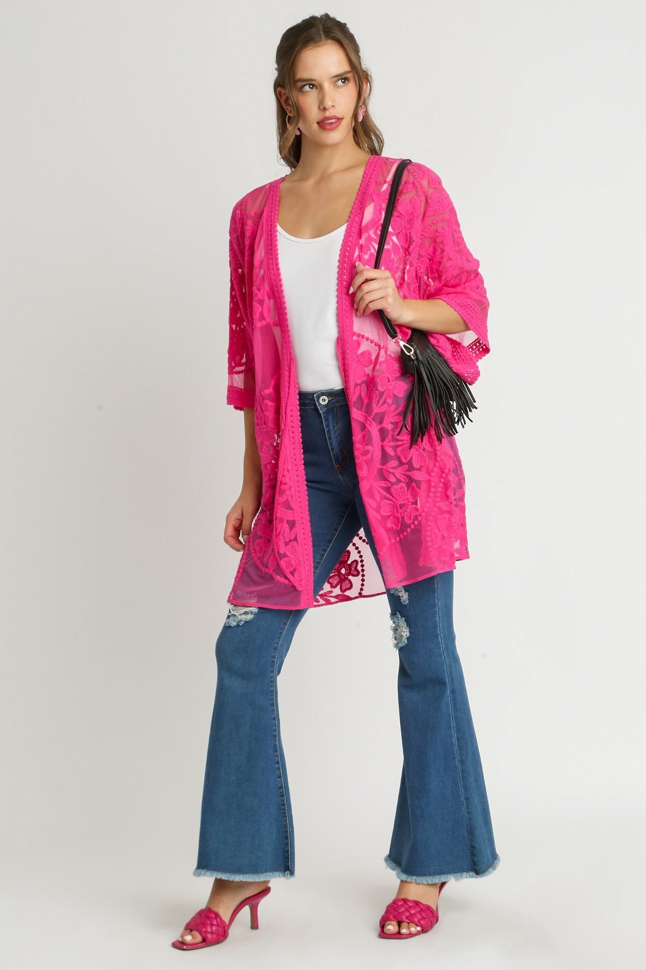 Umgee Floral Lace Open Front Kimono Sleeve Cover Up with Waist Tie
