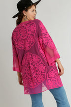 Umgee Floral Lace Open Front Kimono Sleeve Cover Up with Waist Tie