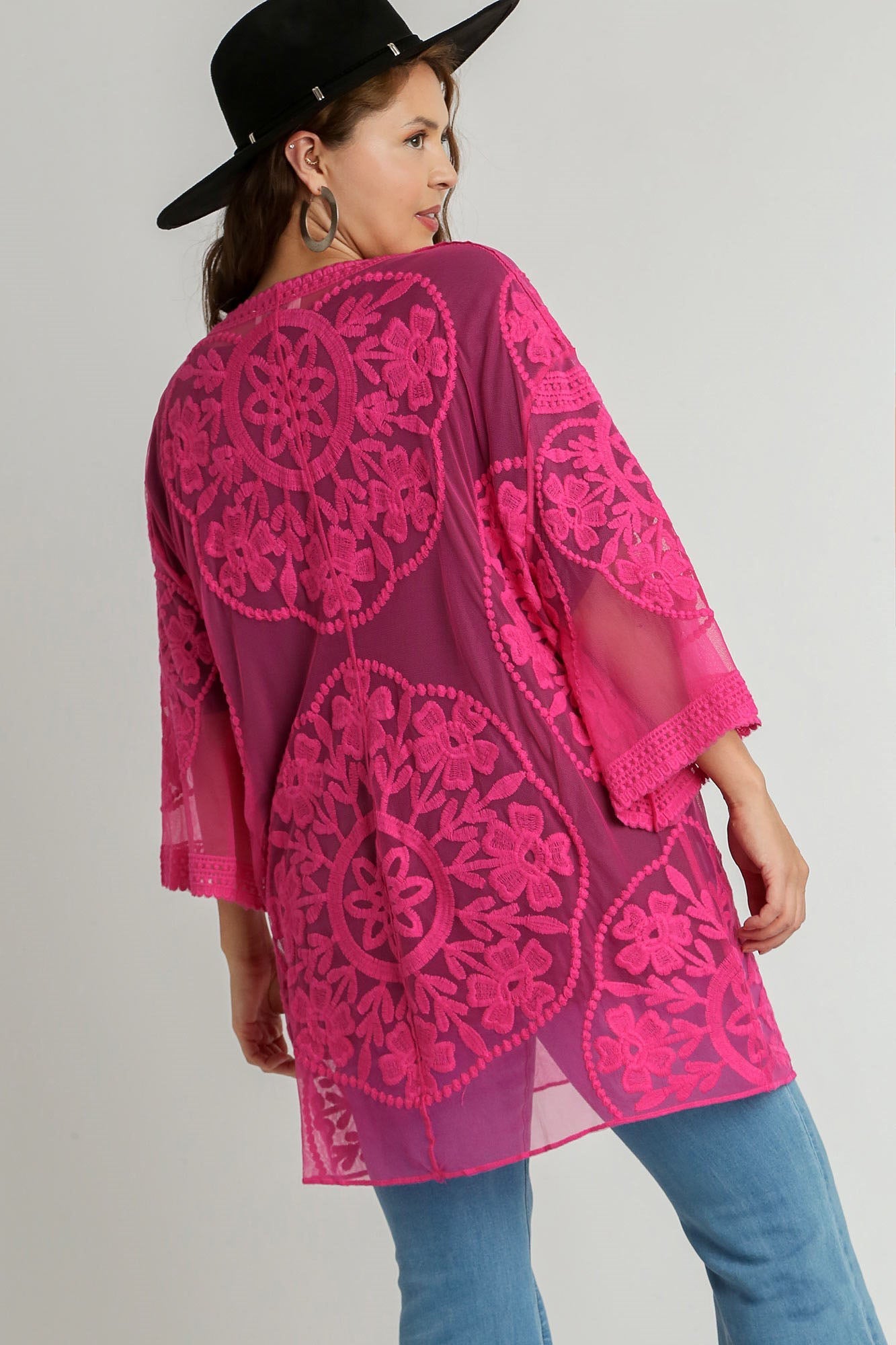 Umgee Floral Lace Open Front Kimono Sleeve Cover Up with Waist Tie