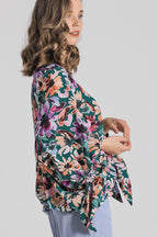 Umgee Floral V-Neck Tie Sleeve Blouse