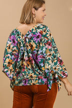 Umgee Floral V-Neck Tie Sleeve Blouse