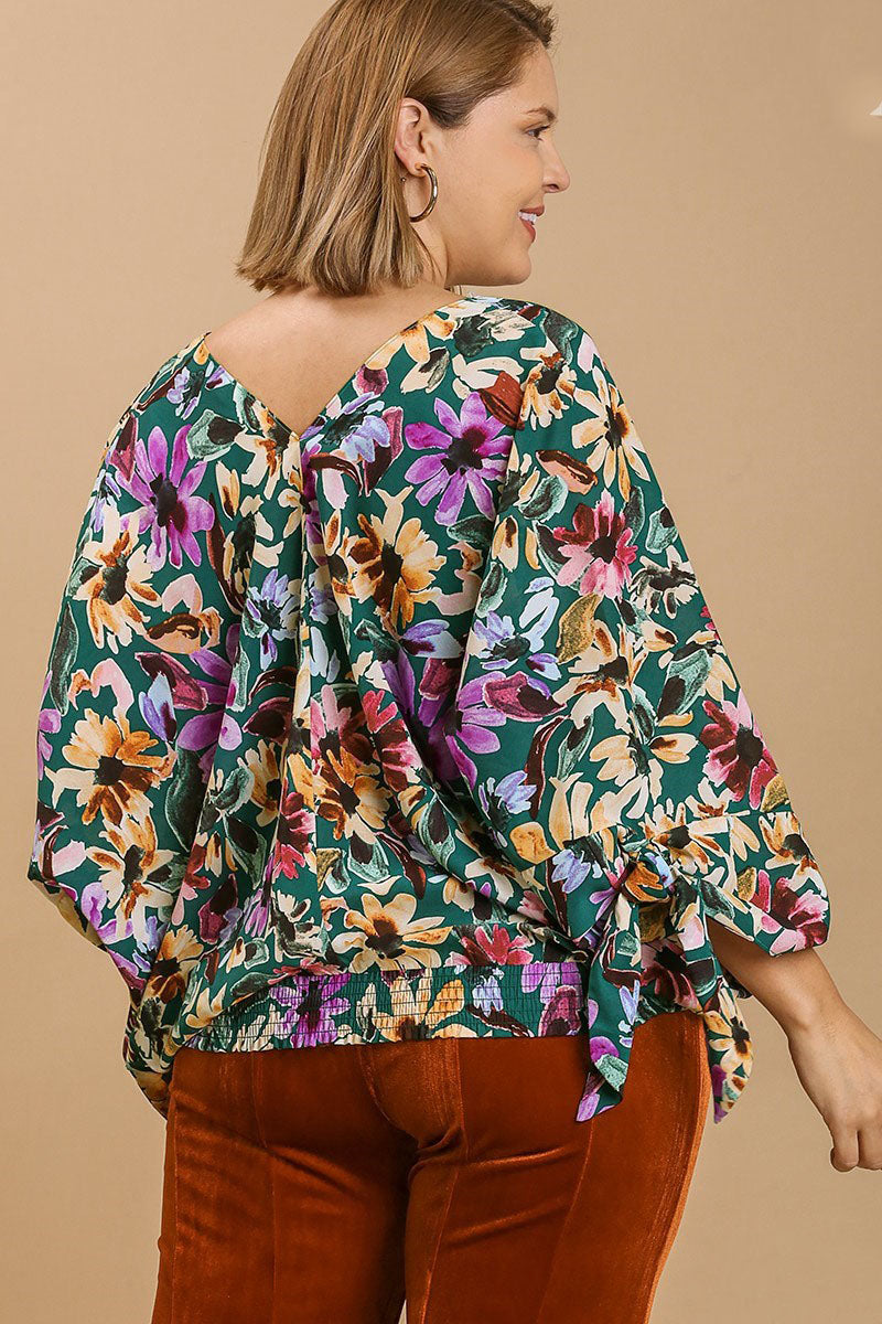 Umgee Floral V-Neck Tie Sleeve Blouse