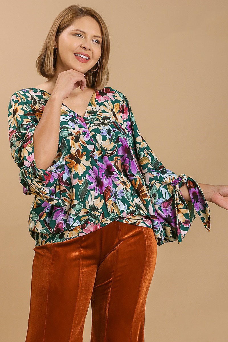 Umgee Floral V-Neck Tie Sleeve Blouse