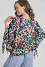 Umgee Floral V-Neck Tie Sleeve Blouse