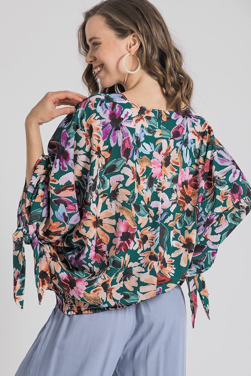 Umgee Floral V-Neck Tie Sleeve Blouse
