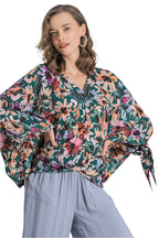 Umgee Floral V-Neck Tie Sleeve Blouse