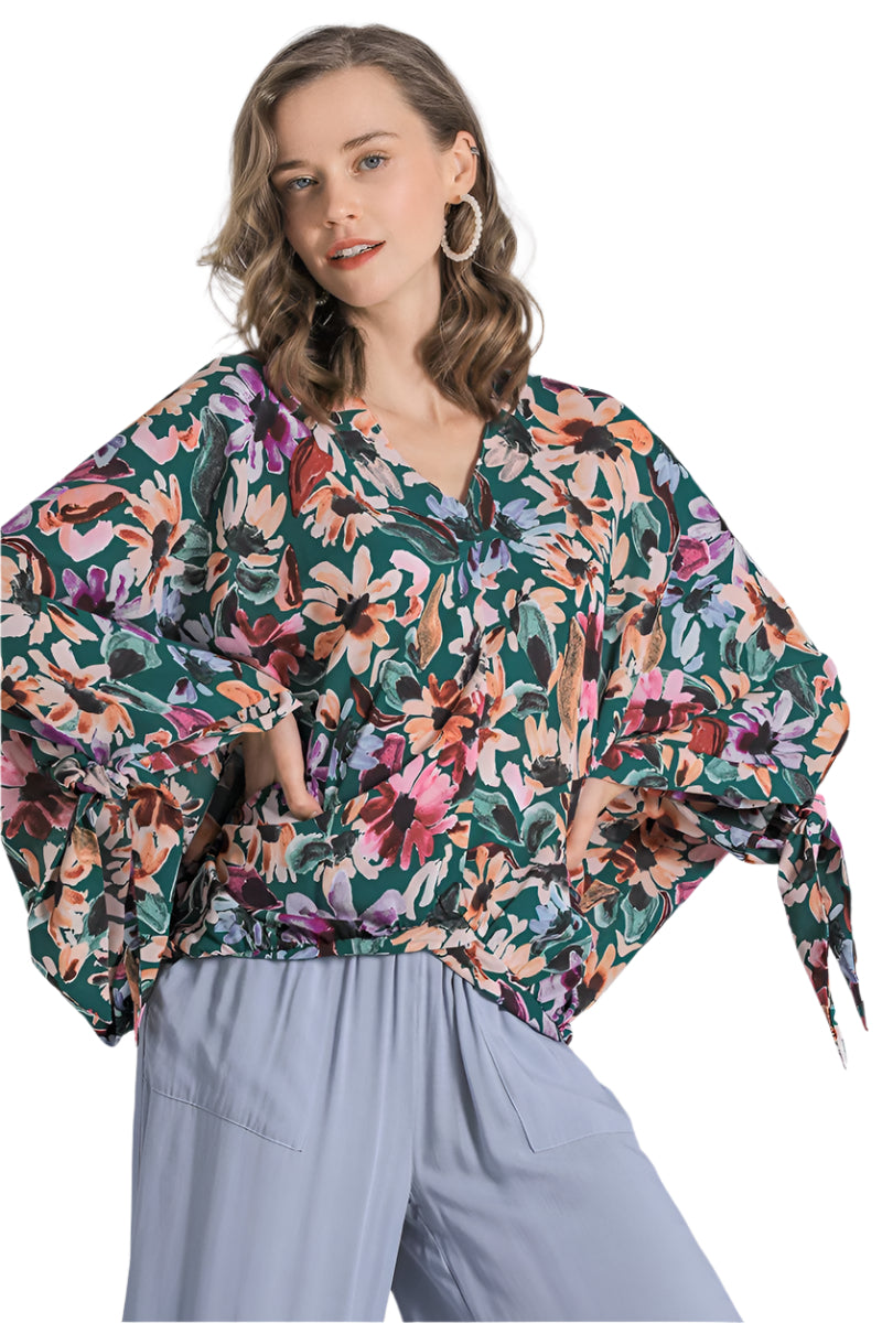 Umgee Floral V-Neck Tie Sleeve Blouse