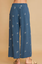 Umgee Lace Drawstring Embroidered Bow Wide Leg Pants