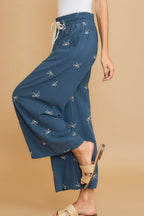 Umgee Lace Drawstring Embroidered Bow Wide Leg Pants