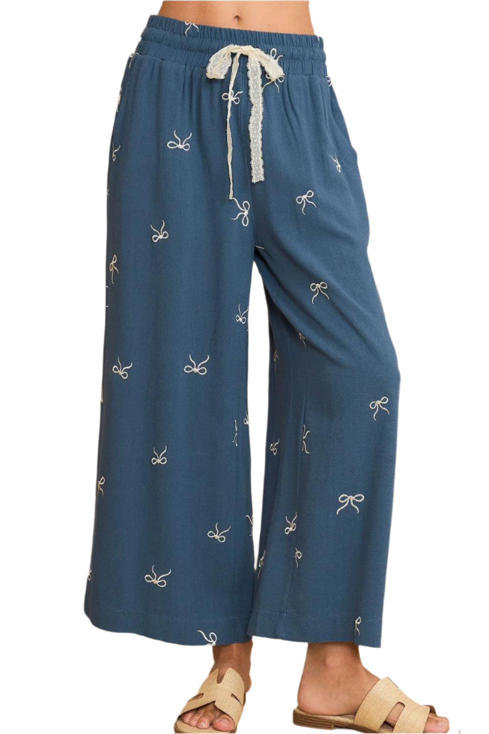 Umgee Lace Drawstring Embroidered Bow Wide Leg Pants