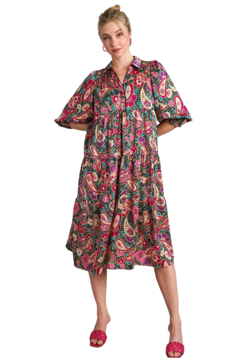 Umgee Paisley Print Satin Tiered Midi Dress