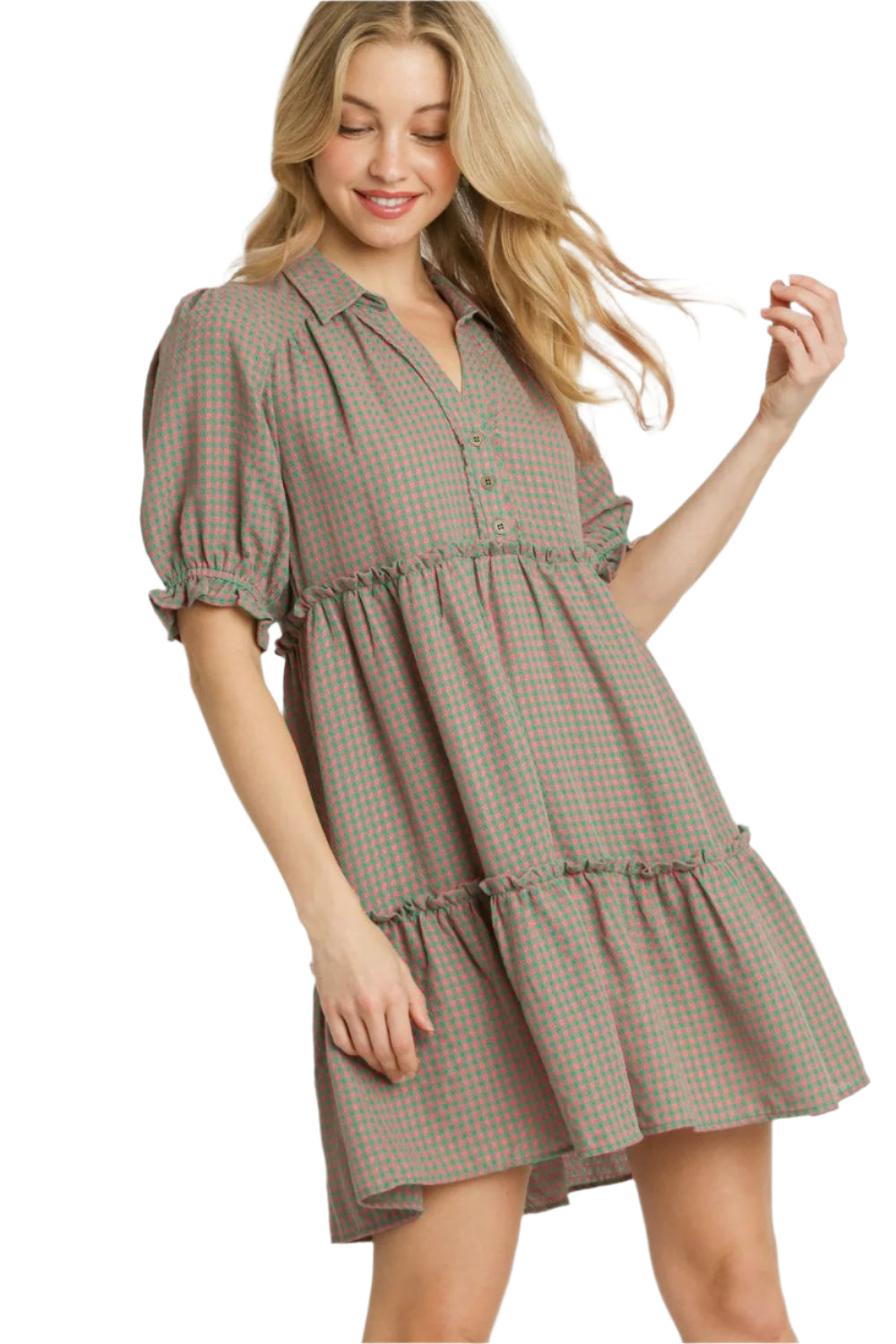 Umgee Plaid Frill Button Detail Ruffled Short Sleeve Dress