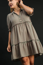Umgee Plaid Frill Button Detail Ruffled Short Sleeve Dress