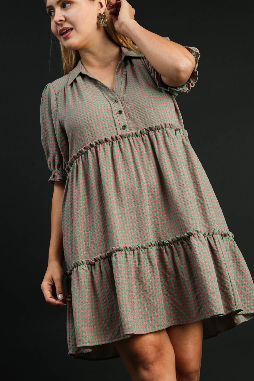 Umgee Plaid Frill Button Detail Ruffled Short Sleeve Dress