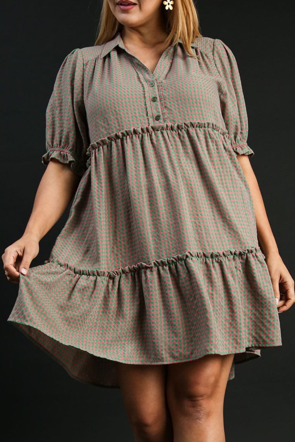 Umgee Plaid Frill Button Detail Ruffled Short Sleeve Dress