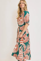 Umgee Printed Notched Puff Sleeve Midi Dress