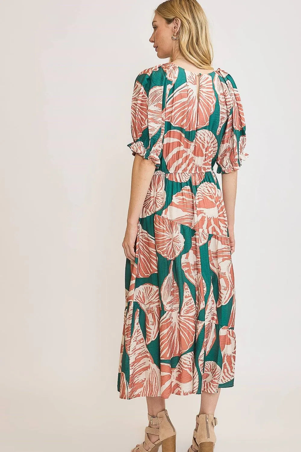 Umgee Printed Notched Puff Sleeve Midi Dress