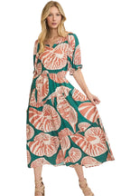Umgee Printed Notched Puff Sleeve Midi Dress