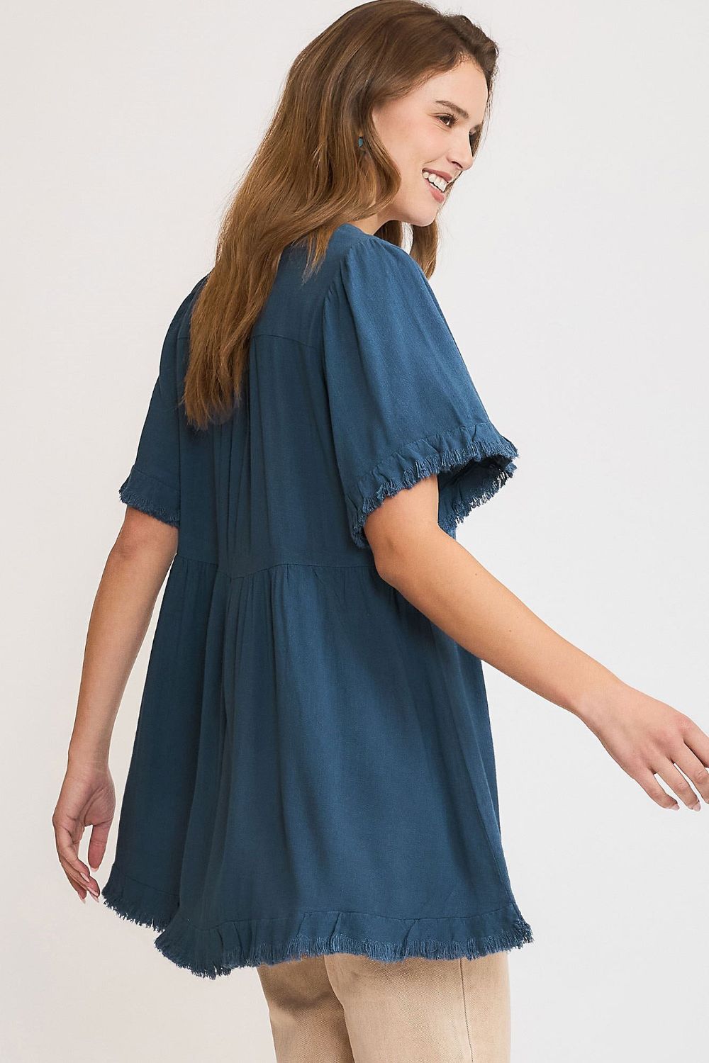 Umgee Raw Hem Notched Babydoll Linen Blouse