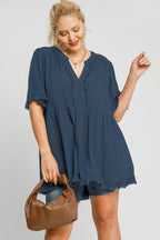 Umgee Raw Hem Notched Babydoll Linen Blouse
