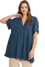 Umgee Raw Hem Notched Babydoll Linen Blouse