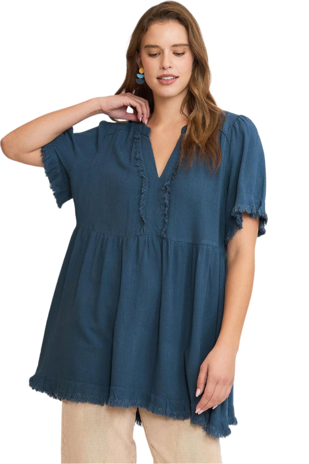 Umgee Raw Hem Notched Babydoll Linen Blouse