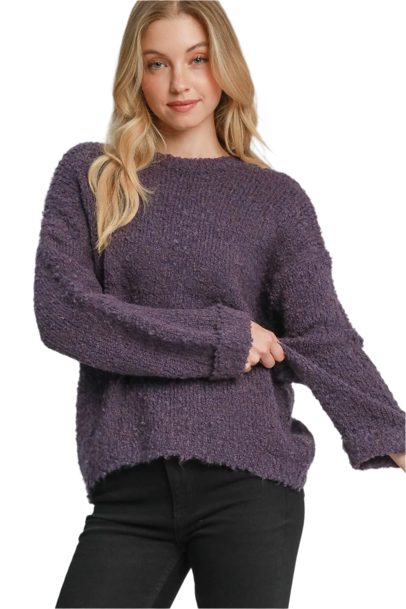 Umgee Round Neck Long Sleeve Boucle Sweater