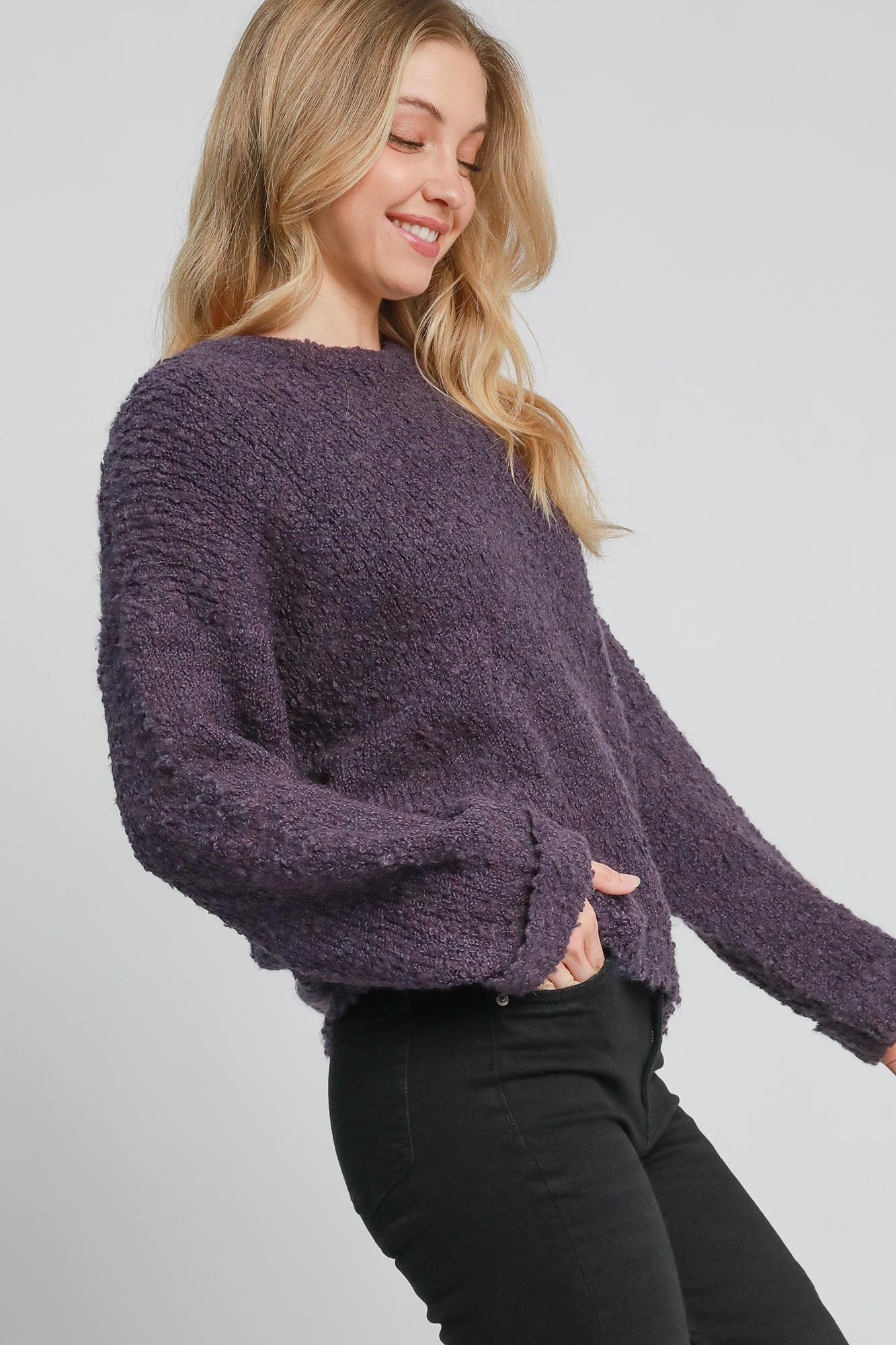 Umgee Round Neck Long Sleeve Boucle Sweater