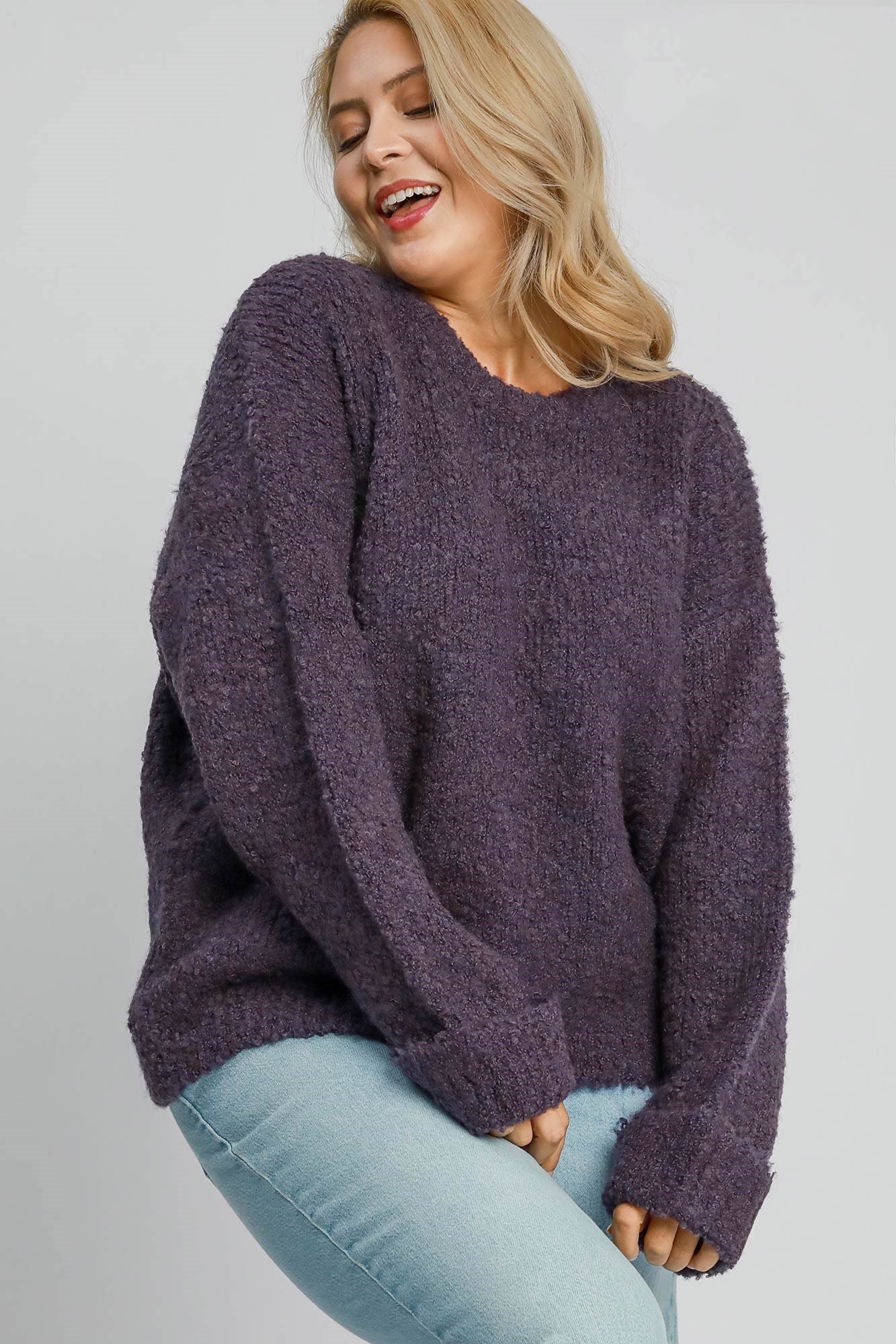 Umgee Round Neck Long Sleeve Boucle Sweater