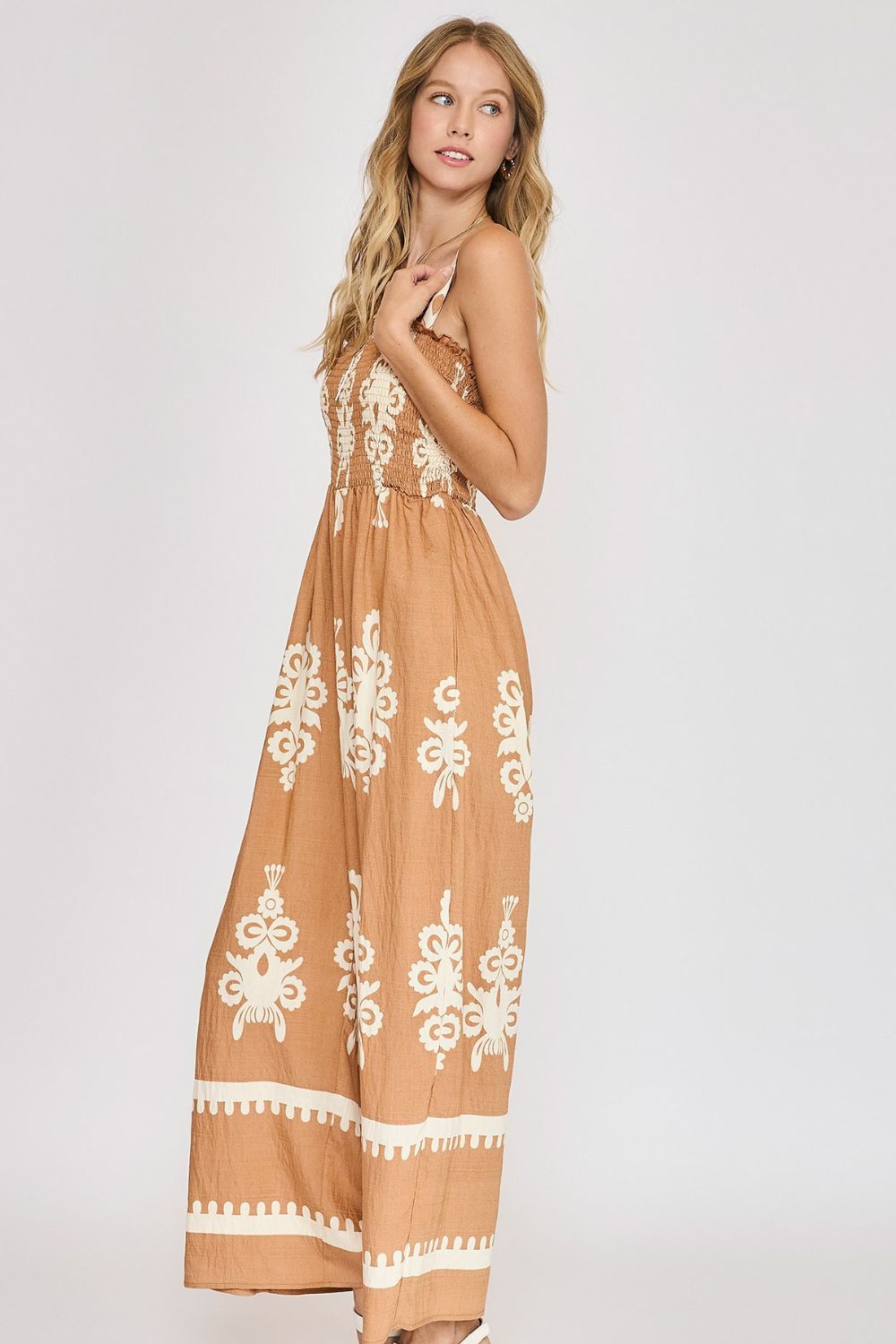 Umgee Smocked Printed Wide Leg Jumpsuit