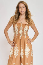 Umgee Smocked Printed Wide Leg Jumpsuit