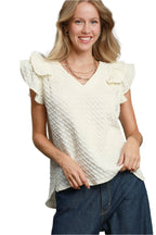 Umgee Textured Jacquard V-Neck Ruffle Cap Sleeve Blouse