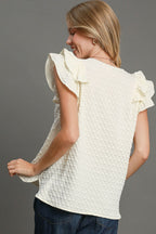 Umgee Textured Jacquard V-Neck Ruffle Cap Sleeve Blouse