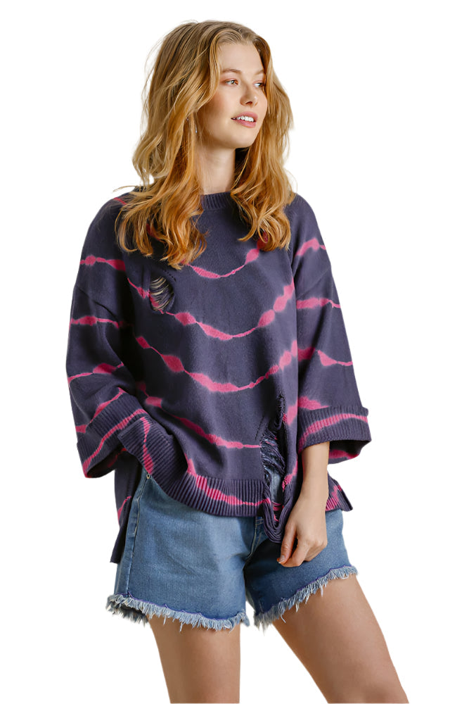 Umgee Tie Dye Side Slit Round Neck Distressed Detail Sweater
