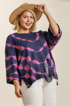 Umgee Tie Dye Side Slit Round Neck Distressed Detail Sweater