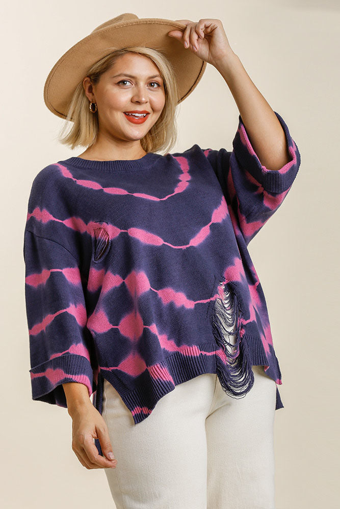 Umgee Tie Dye Side Slit Round Neck Distressed Detail Sweater
