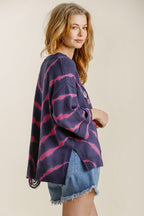 Umgee Tie Dye Side Slit Round Neck Distressed Detail Sweater