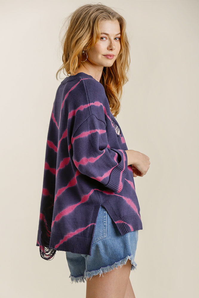 Umgee Tie Dye Side Slit Round Neck Distressed Detail Sweater